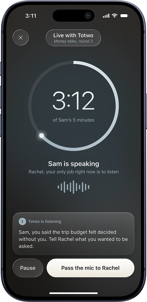 The Totwo app running a timed live conversation between two partners