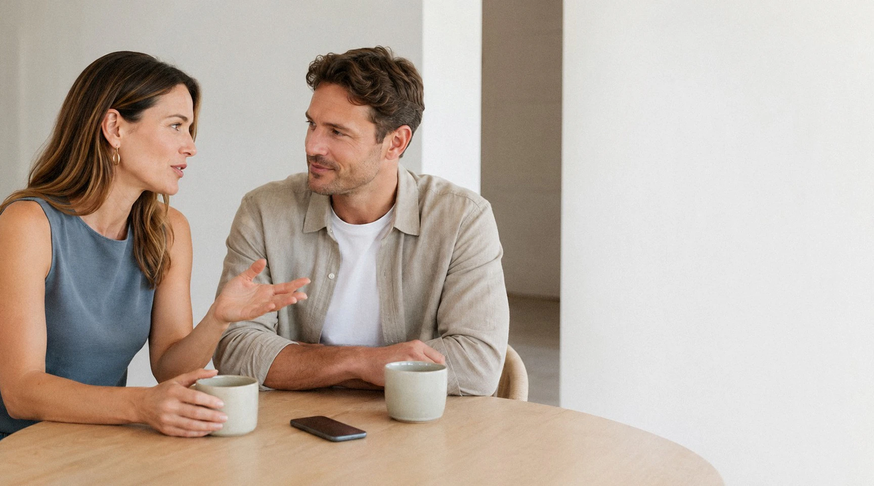 A couple sitting at a kitchen table mid-conversation, a phone face-down between them